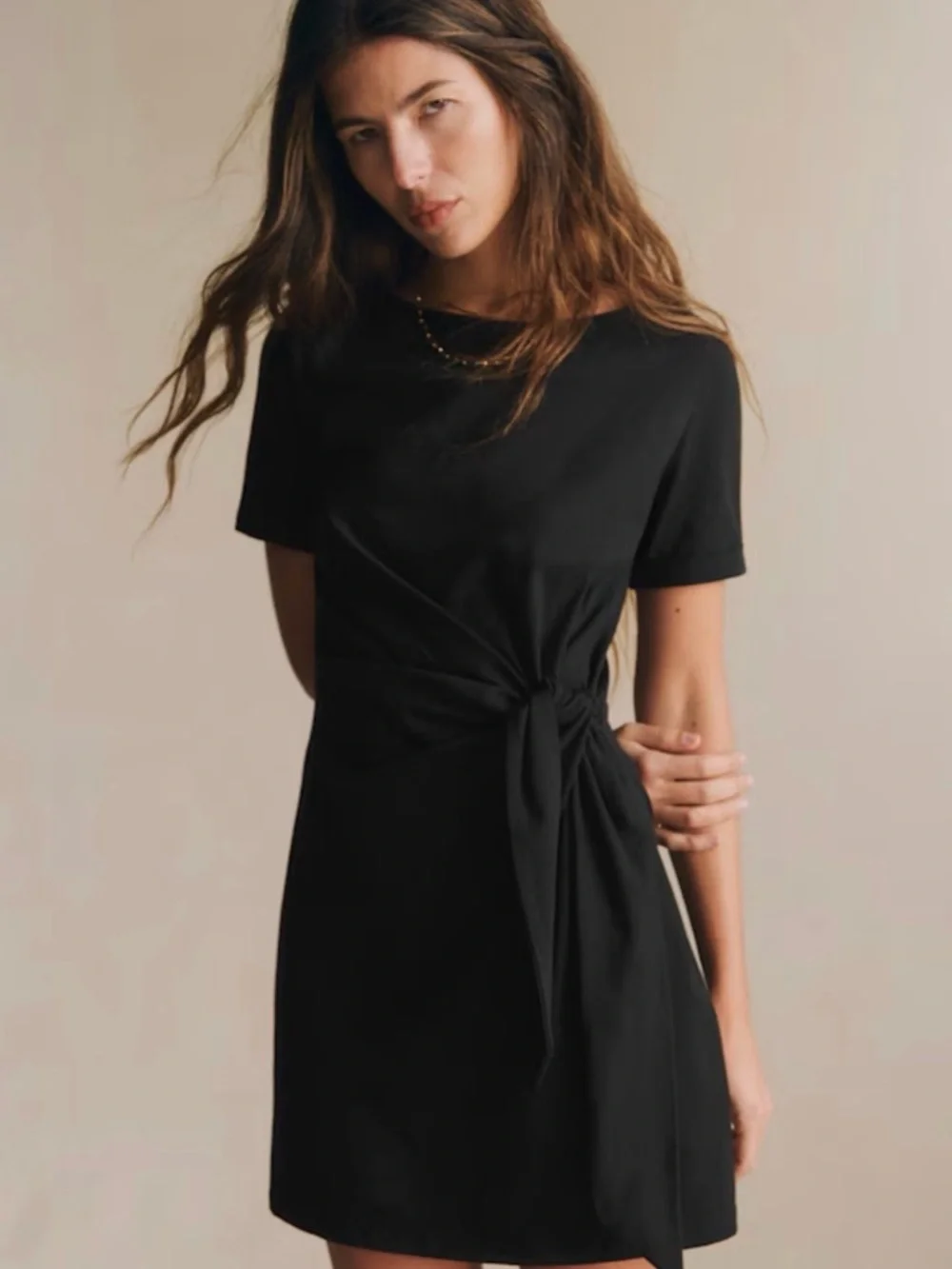 Sezane Black robe Pippa courte Short-Sleeve Tie-Waist Mini Dress - Picture 1 of 9